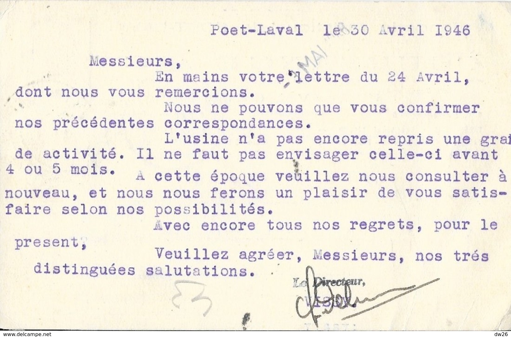 Carte Postale De Correspondance 1946 - Faïencerie Artistique De Poët-Laval (Drôme): Coursange & Cie - Non Classés