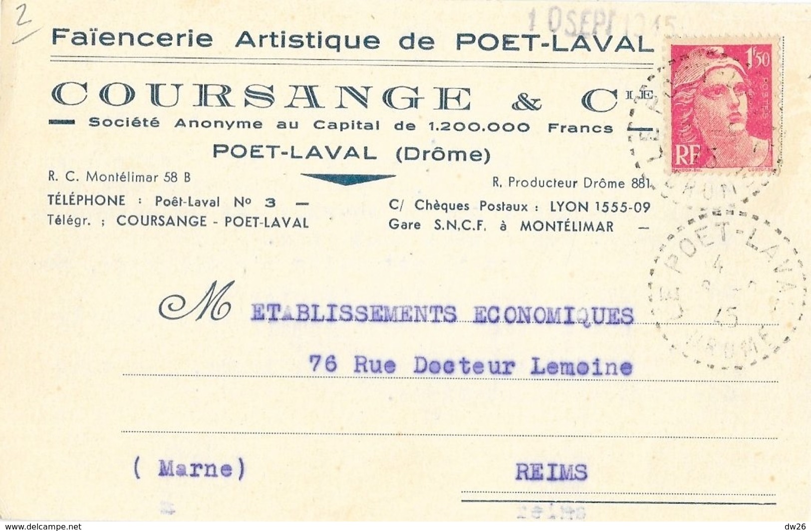 Carte Postale De Correspondance 1945 - Faïencerie Artistique De Poët-Laval (Drôme): Coursange & Cie - Non Classés