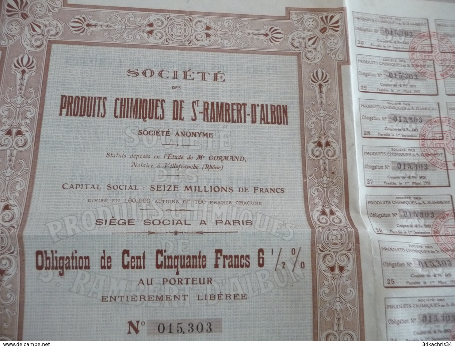 Action De 150 Francs Au Porteur Produits Chimiques De Saint Rambert D'Albon - Industrie