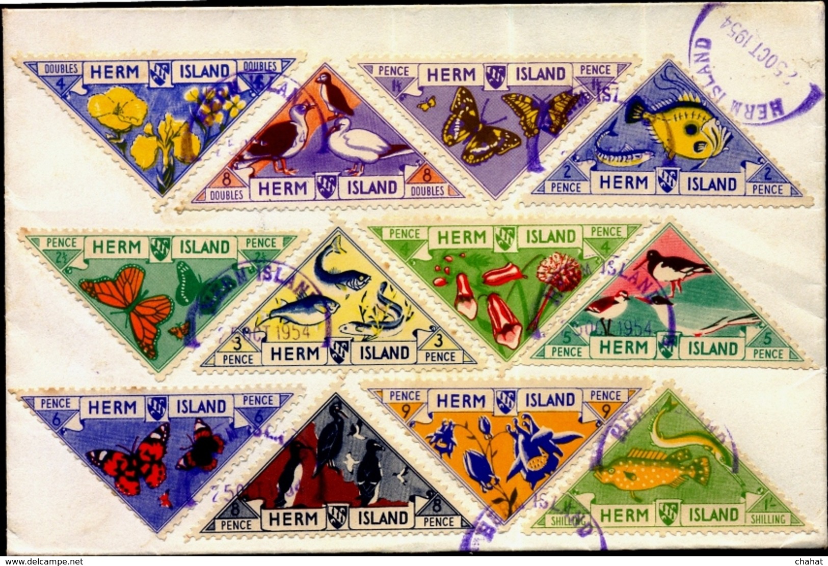 BIRDS-BUTTERFLIES-FISHES-FLOWERS-ODD SHAPED- LARGE SET OF 12-FDC- HERM ISLAND-1954-SCARCE-FC-78 - Erinofilia