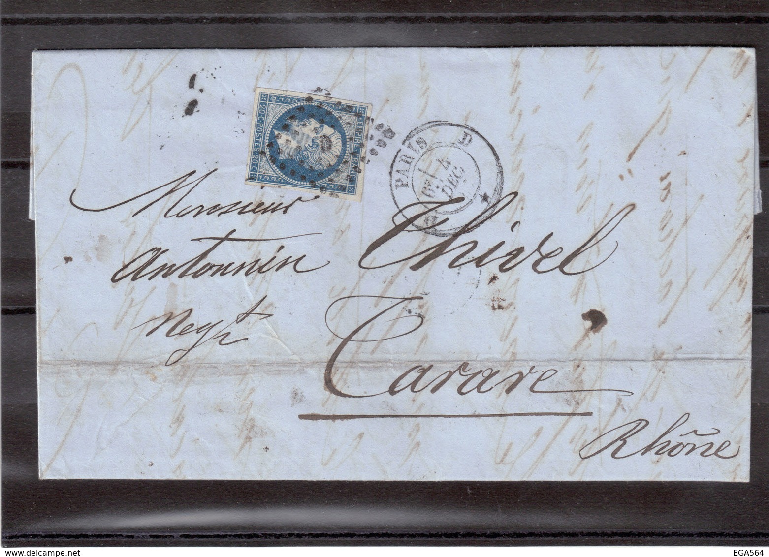 CP024 - Yvert 14 Lettre De PARIS Losange D  1521  Du 4 DEC 1857 Pour TARARE - 1853-1860 Napoléon III