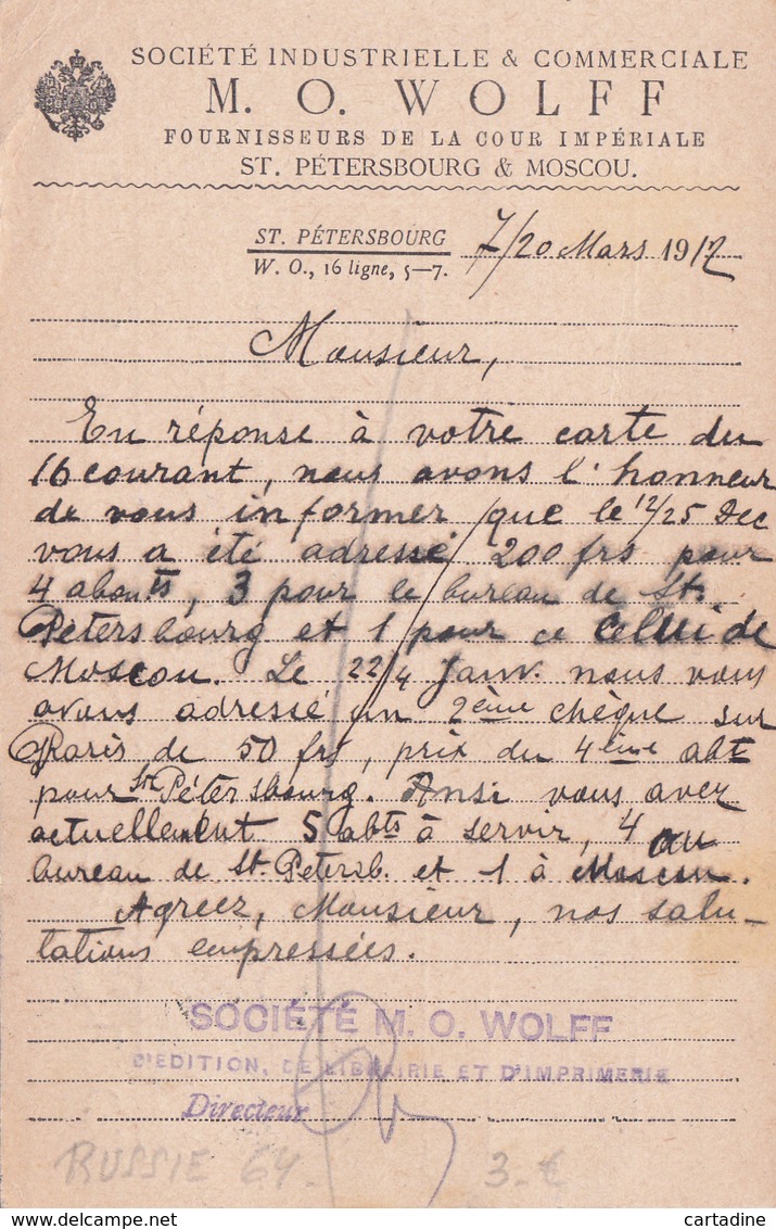 Société M. O. Wolff St. Petersbourg - 1912 - Timbre N° 64 - Lettres & Documents