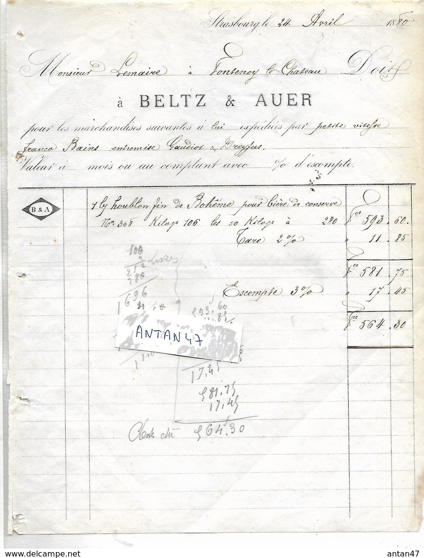 Facture 1880 / 67 STRASBOURG / BELTZ & AUER / Houblon De Bohème / Adressée Lemaire 88 FONTENOY LE CHATEAU - 1800 – 1899