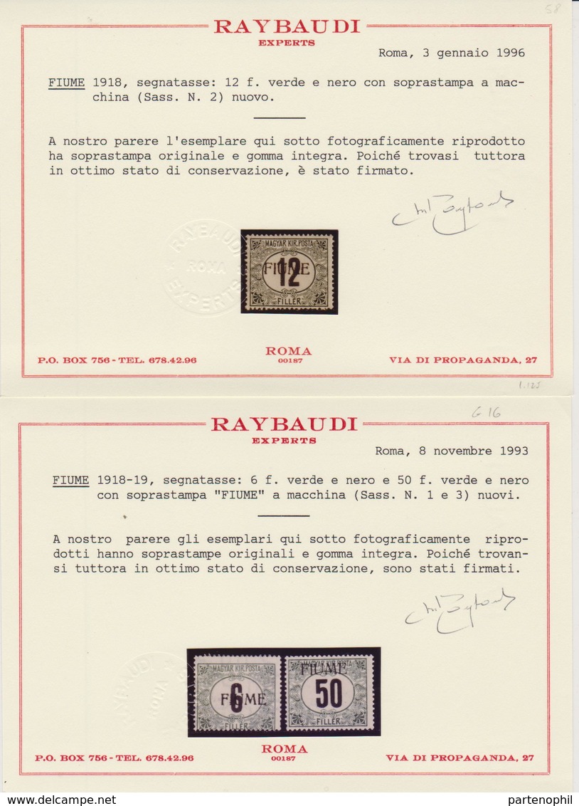 299 ** Fiume – 1918-19 Segnatasse D’Ungheria Soprastampati “FIUME” N. 1A/3A. Cert. Raybaudi. Cat. € 4200,00. SPL - Fiume