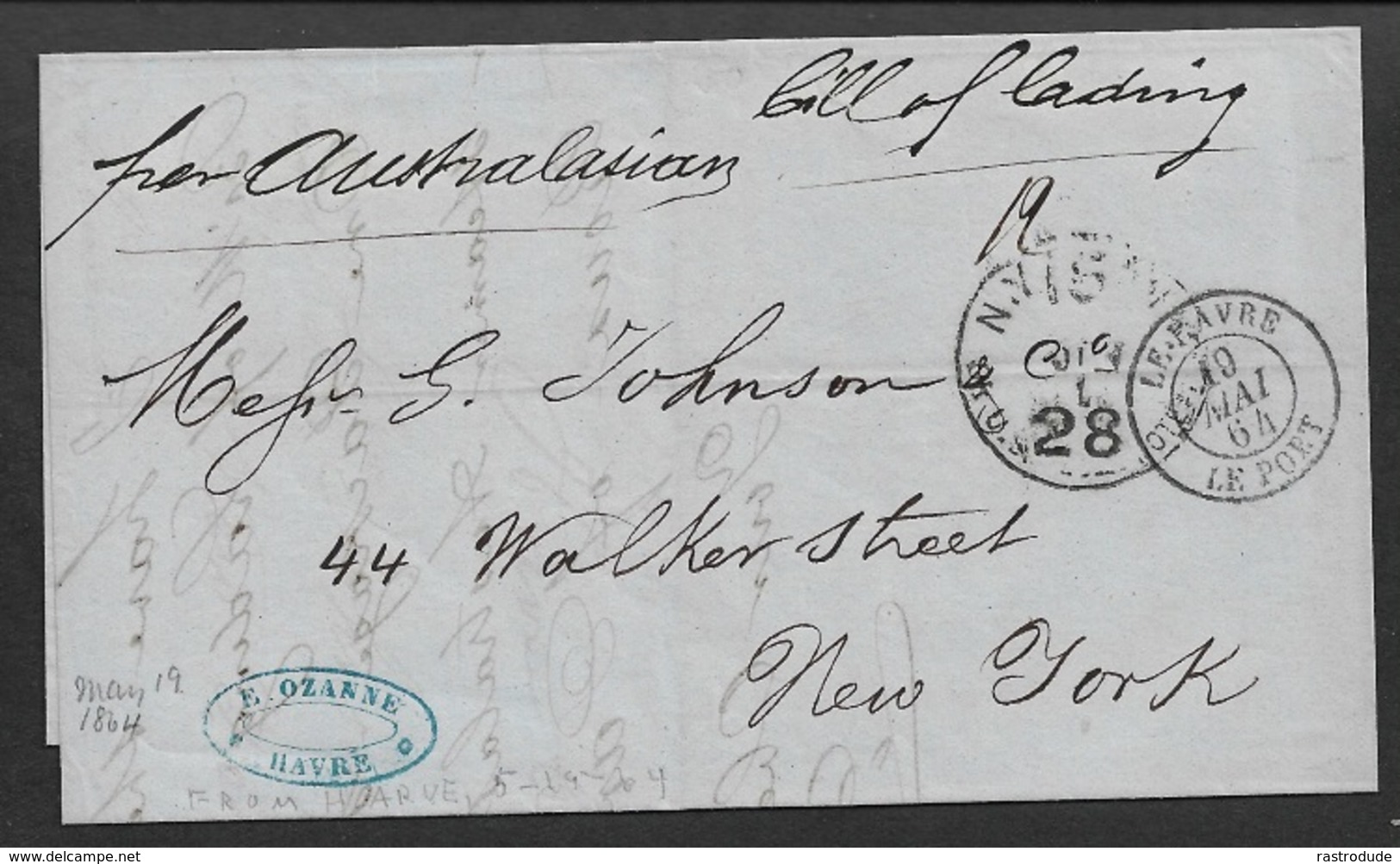 1864  LAC LE HAVRE A NEW YORK  - Manuscrit BILL OF LADING - (CONNAISSEMENT) - 1849-1876: Période Classique