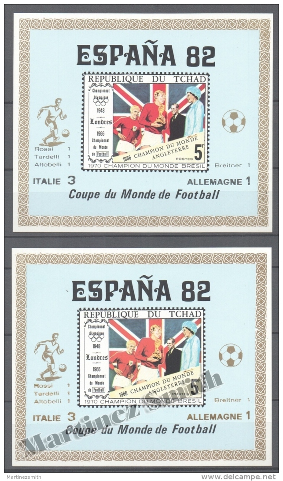 Chad - Tchad 1982 Football World Cup Spain 82, Gold &amp; Silver Overprint - England - Non Perforated Sheet - MNH - Tschad (1960-...)