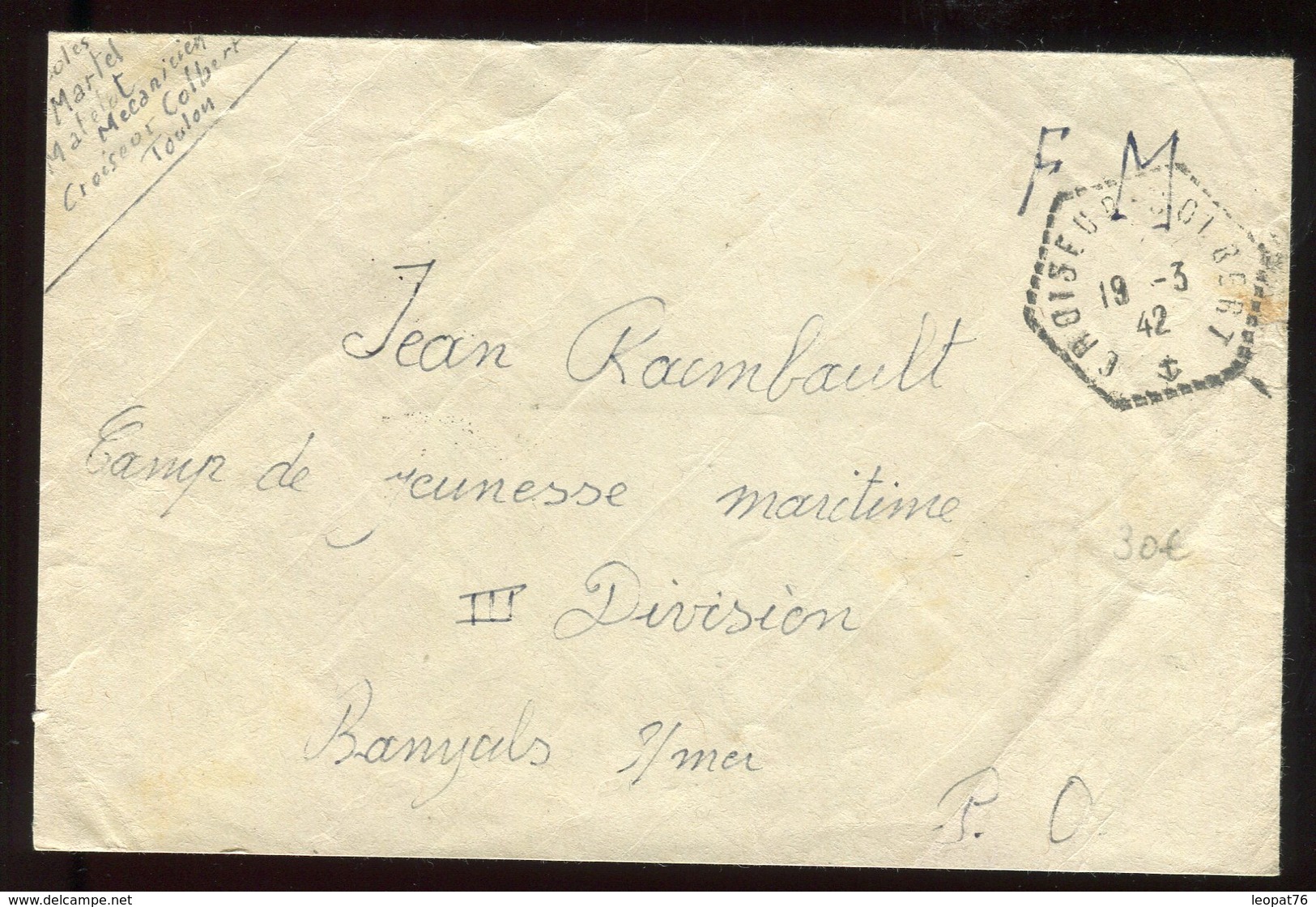 Enveloppe En FM Du Croiseur Colbert En 1942 Pour Camp De Jeunesse à Banyuls / Mer - N278 - Guerra De 1939-45