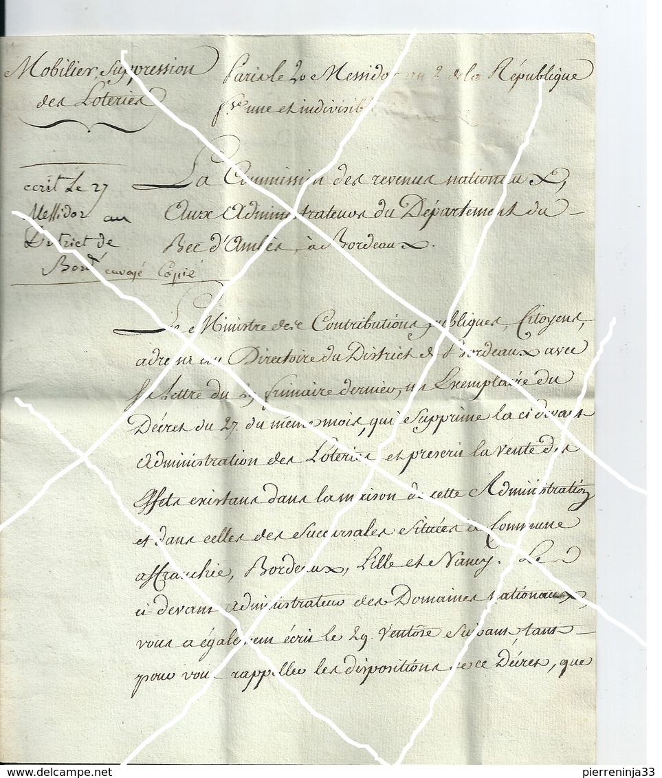 Lettre En Franchise De Paris Pour Bordeaux Da La Commission Des Revenus Nationaux ,Suppression Des Loteries ,1794 /an 2 - 1701-1800: Précurseurs XVIII