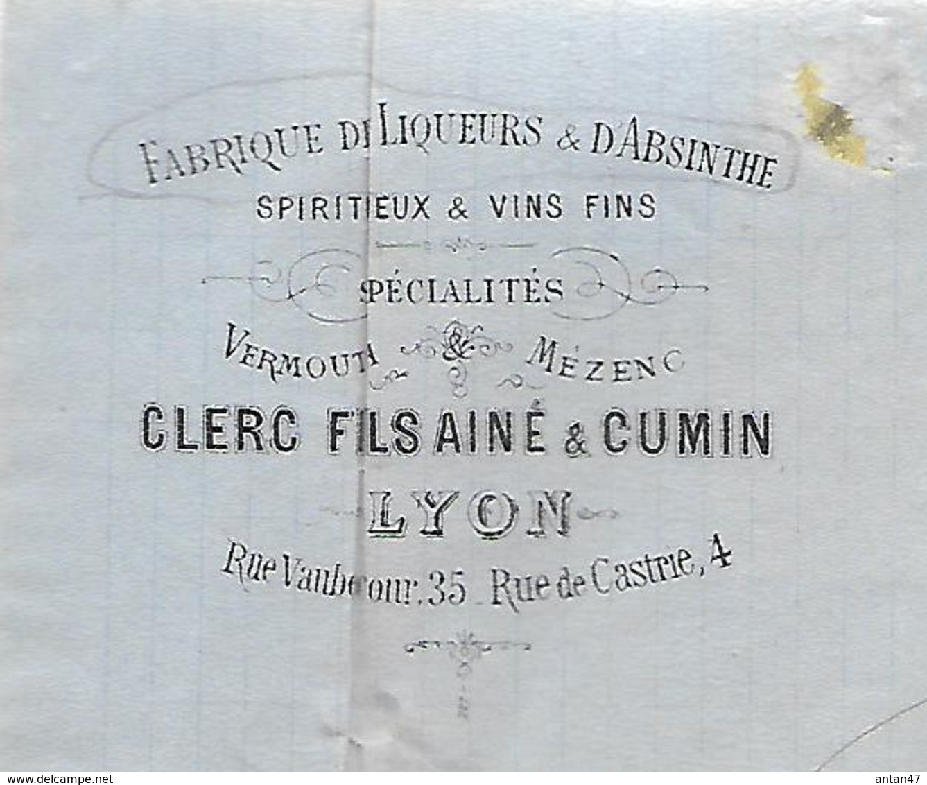 Facture Lettre  1884 / 69 LYON / CLERC & CUMIN / Fabrique De Liqueurs Et D'Absinthe / M. Ladague Café 88 BRUYERES - 1800 – 1899