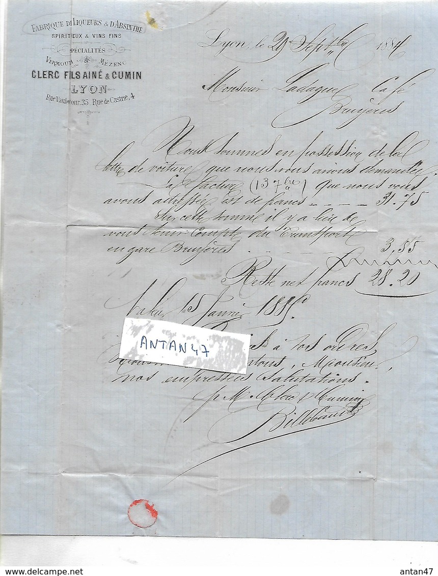 Facture Lettre  1884 / 69 LYON / CLERC & CUMIN / Fabrique De Liqueurs Et D'Absinthe / M. Ladague Café 88 BRUYERES - 1800 – 1899