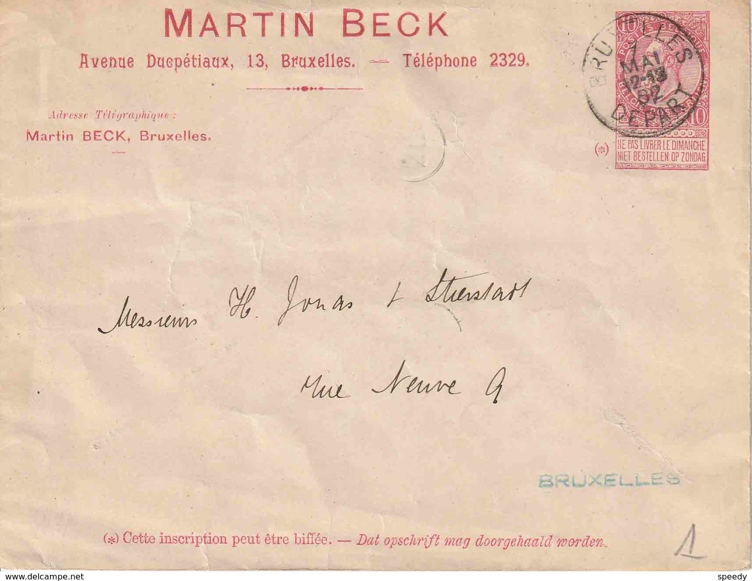 ENTIER (B) BRIEFOMSLAG 10 Ct.  MET REKLAME  !!!  "BRUXELLES 7 MAI 02 / DEPART"  En Reklame Op RECTO !!! "MARTIN BECK" - Enveloppes-lettres