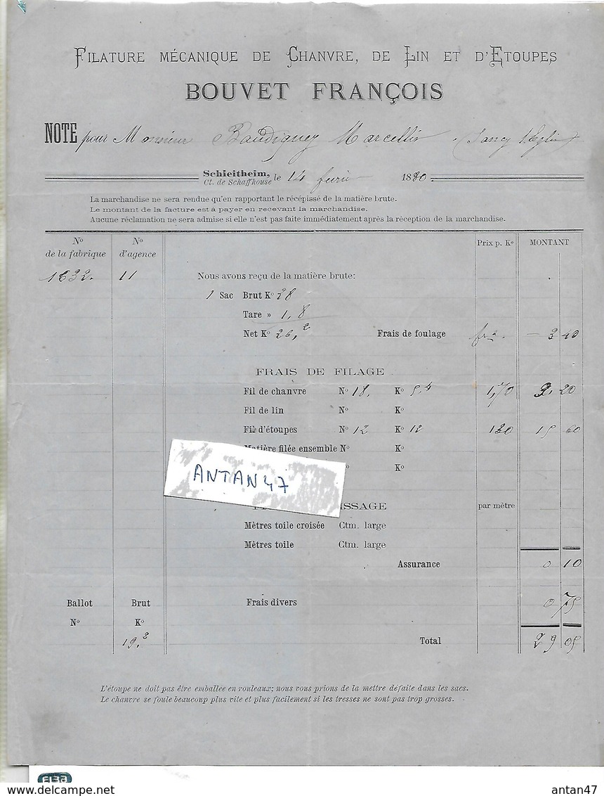 Facture 1880 / SUISSE / SCHLEITHEIM / F. BOUVET / Filature De Chanvre, Lin Et étoupes - Suiza