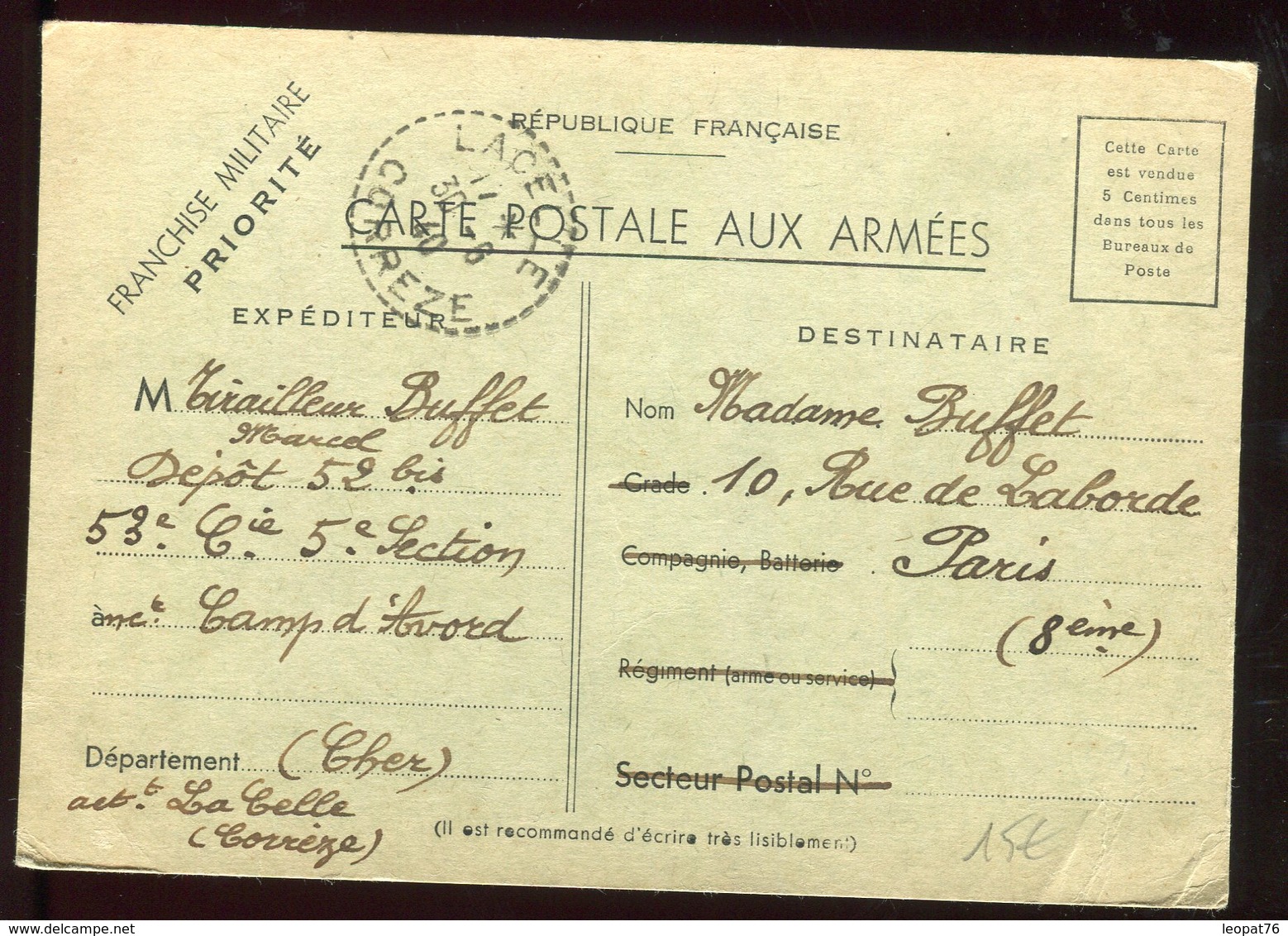 Carte FM Du Camp D 'Avord Pour Paris En 1940 - N292 - Guerre De 1939-45