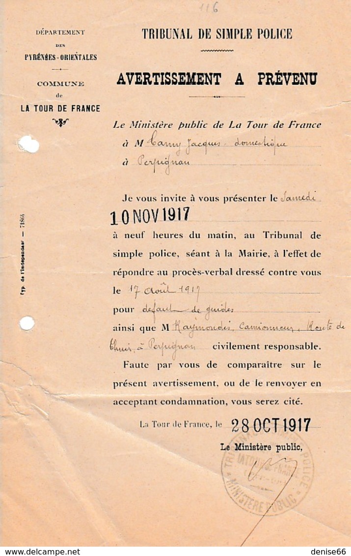 1917 - LA TOUR  DE FRANCE (66) - AVERTISSEMENT A PRÉVENU Pour Défaut De Guides & RAYMONDIS Camionneur - Documents Historiques