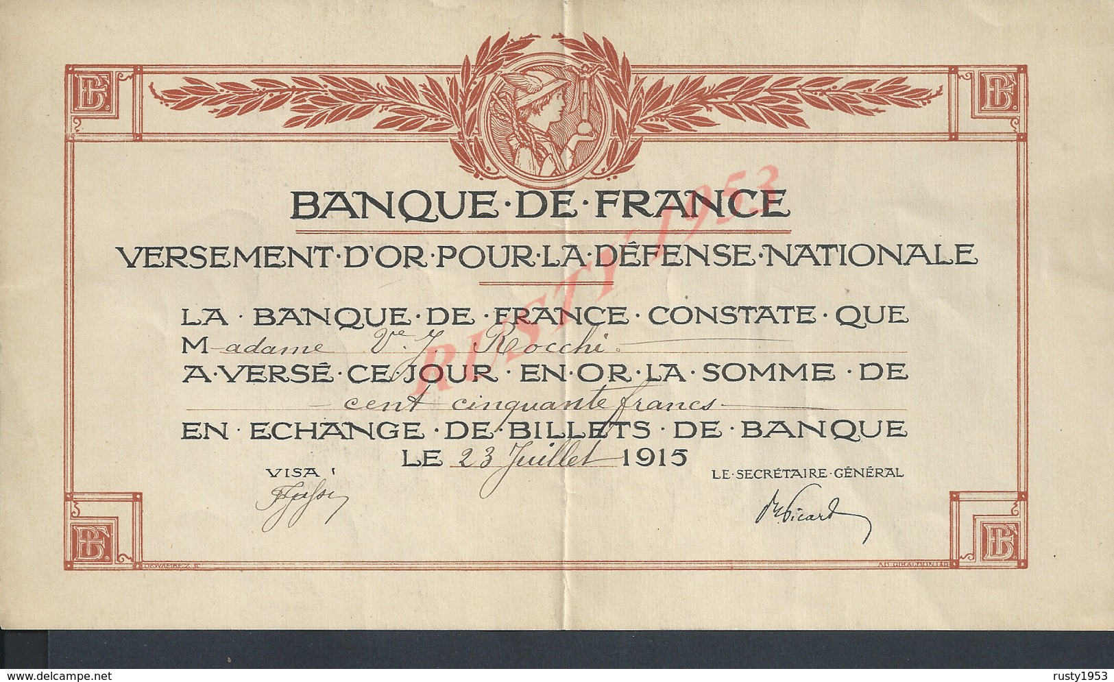 MILITARIA BANQUE DE FRANCE VERSEMENT D OR POUR LA DEFENSE NATIONALE ILLUSTRÉE 1915 DE Mad J ROCCHI : - 1914-18