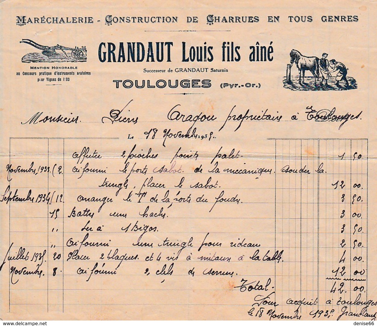 1935 - TOULOUGES (66) - MARÉCHALERIE, Construction De CHARRUES En Tous Genres - GRANDAUT Louis, Fils Aîné - Documents Historiques