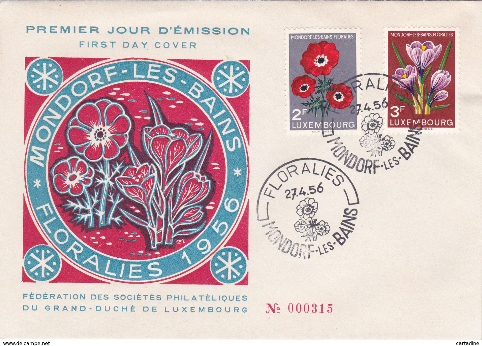 FDC (enveloppe) Luxembourg - Mondorf-Les-Bains: Floralies 1956 - Timbres N° 506/507 - FDC