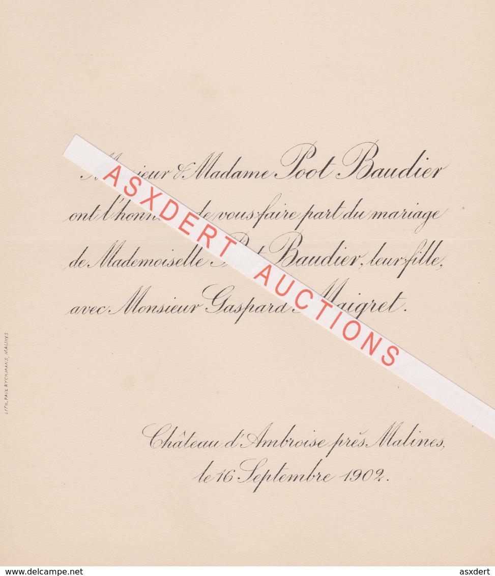 Faire-part Mariage / Huwelijk Poot Baudier Avec Gaspard Maigret  Château D'Ambroise Malines 1902 - Mariage
