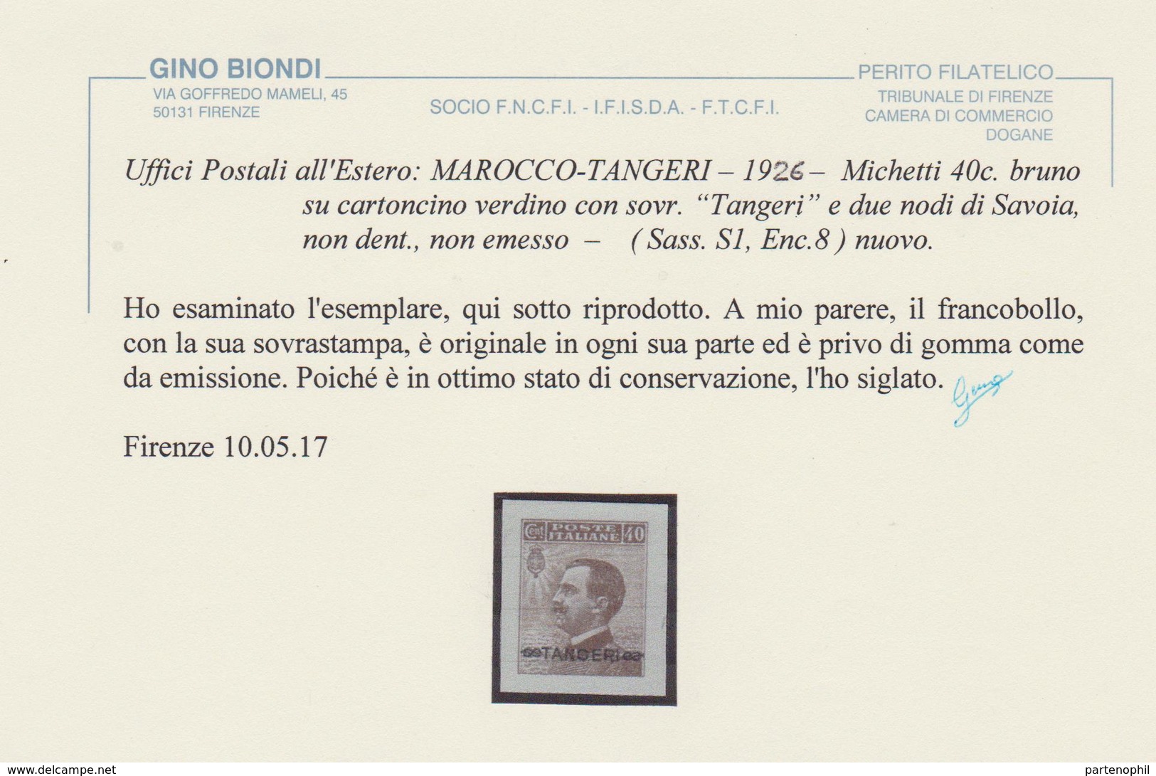 703 ** Marocco-Tangeri – 1926 Michetti 40 C. Bruno Su Cartoncino Verdino Con Soprastampa “Tangeri” E Due Nodi Di Savoia - Oficinas Europeas Y Asiáticas