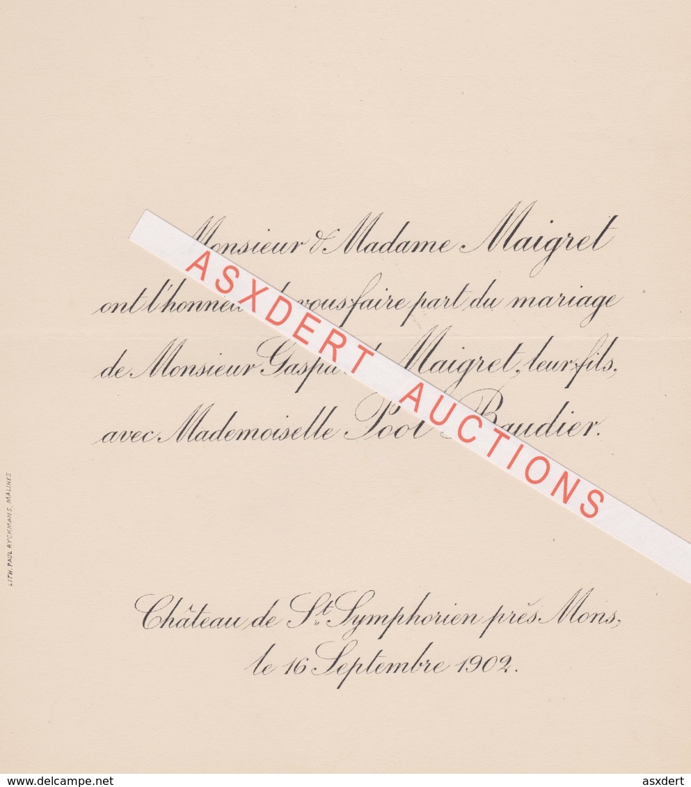 Faire-part Mariage / Huwelijk Gaspard Maigret Et Mademoiselle Poot Baudier Château De St.Symphorien Mons 1902 - Mariage