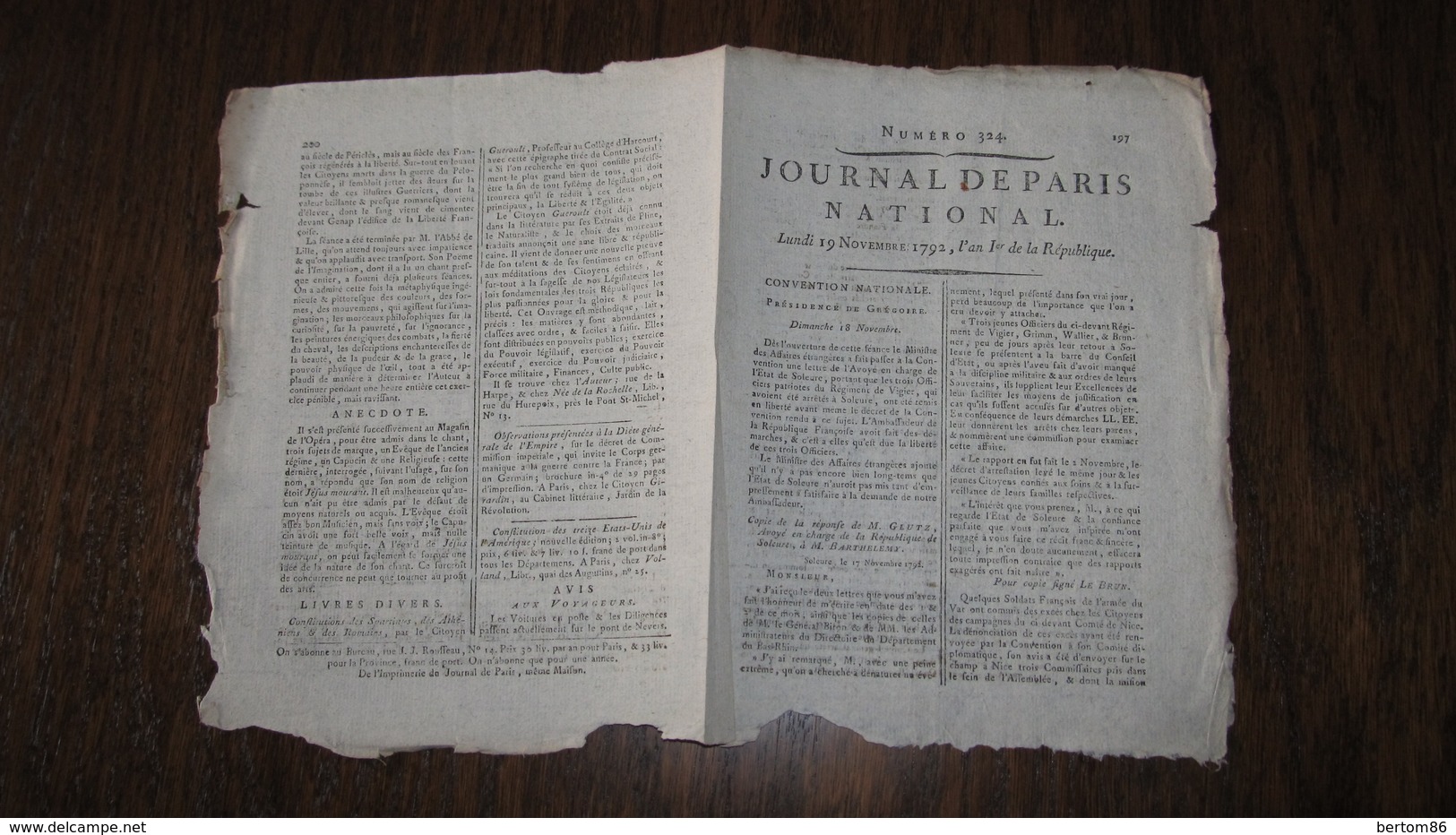 COLLEGE DE FRANCE - ASSEMBLEE PUBLIQUE - JOURNAL DE PARIS NOVEMBRE 1792. - Journaux Anciens - Avant 1800