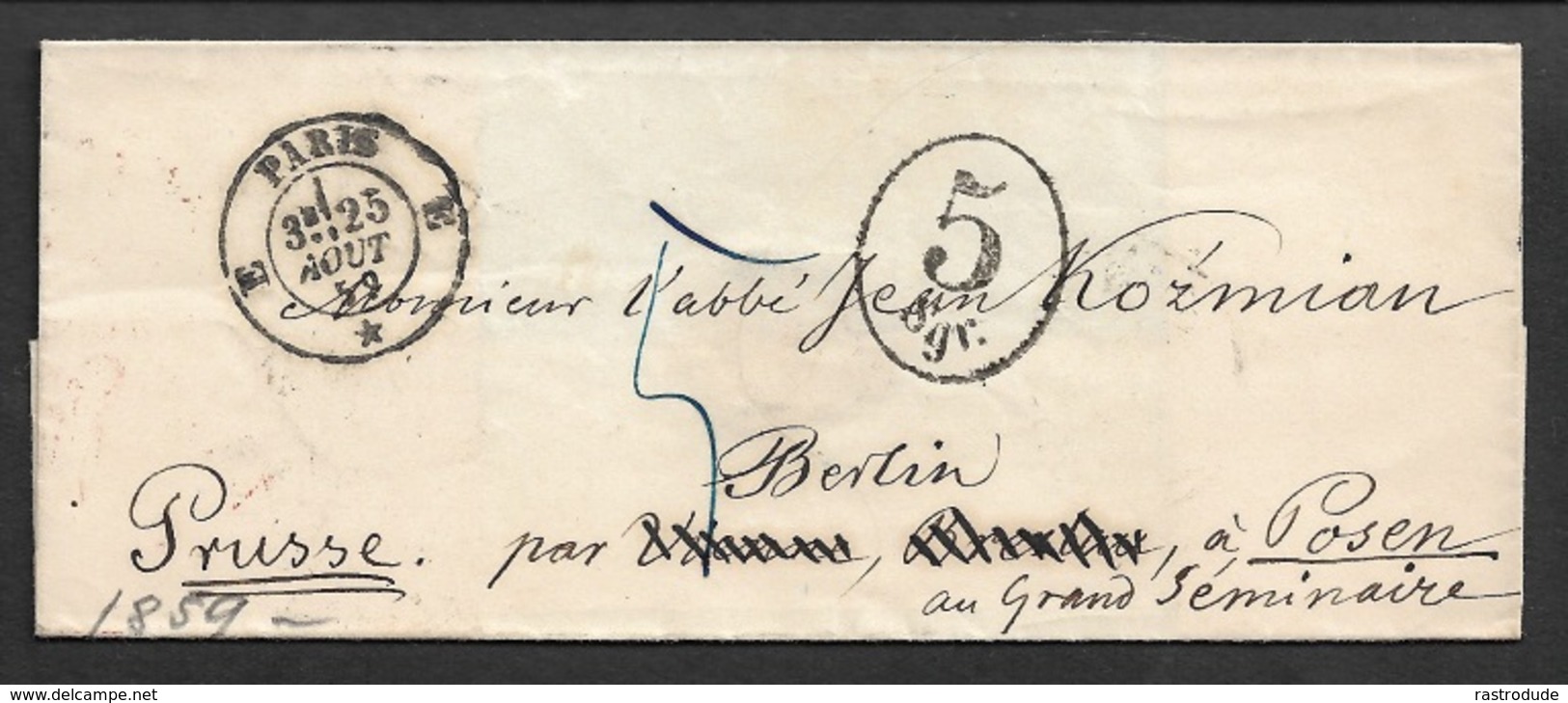 1859 - LSC PARIS A, POSEN (PRUSSE) Par BERLIN - Adressé A JOHN KOZMIAN (Célèbre Prêtre De Posen ) - 1849-1876: Période Classique