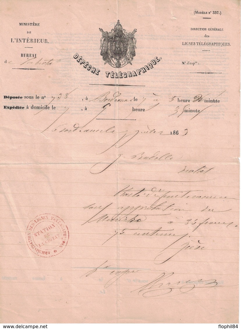 BOUCHES DU RHONE - LA CIOTAT - DEPECHE TELEGRAPHIQUE - STATION DE LA CIOTAT EN ROUGE - LE 7 JUILLET 1863. - Télégraphes Et Téléphones