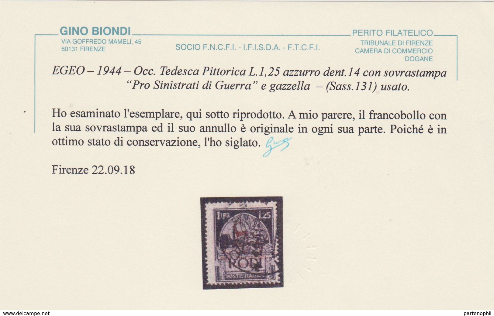 375 - 1943 – Pro Assist. Egeo N.126/131. Cat. € 280,00. Cert. Biondi. SPL - Egeo