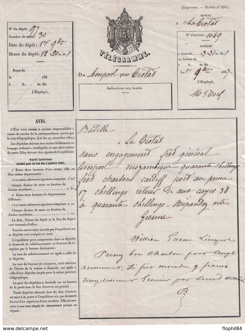 BOUCHES DU RHONE - LA CIOTAT - DEPECHE TELEGRAPHIQUE - DE LVERPOOL AU BUREAU DE LA CIOTAT - LE 1 OCTOBRE 1867 - Telegramas Y Teléfonos