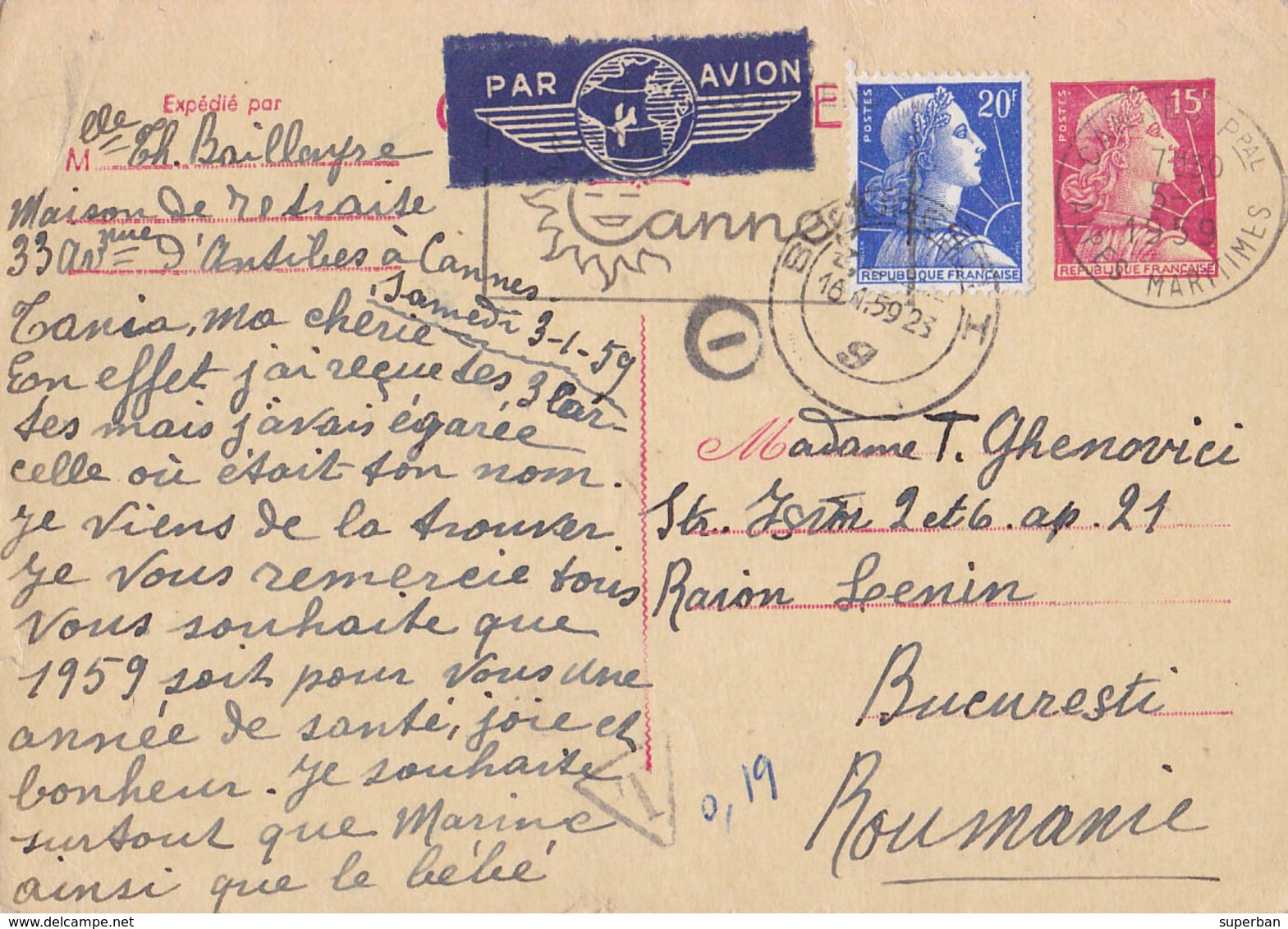 CARTE / ENTIER POSTAL : MARIANNE De MULLER - ENVOI De CANNES à BUCAREST En JANVIER 1959 - PAR AVION (aa226) - Standard- Und TSC-AK (vor 1995)