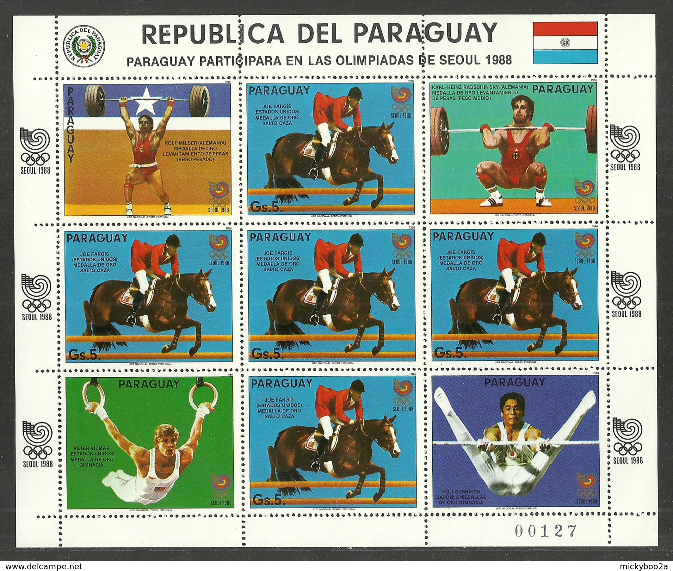 PARAGUAY 1988 OLYMPICS SEOUL SPORT HORSES WEIGHTLIFTING GYMNASTICS SHEETLET MNH - Paraguay