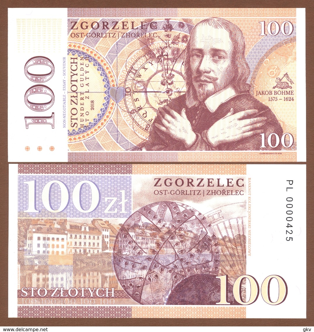 ZGORZELEC (Poland) 100 Zlotych 2018 UNC. Jakob Böhme. Private Essay. Specimen. - Autres & Non Classés