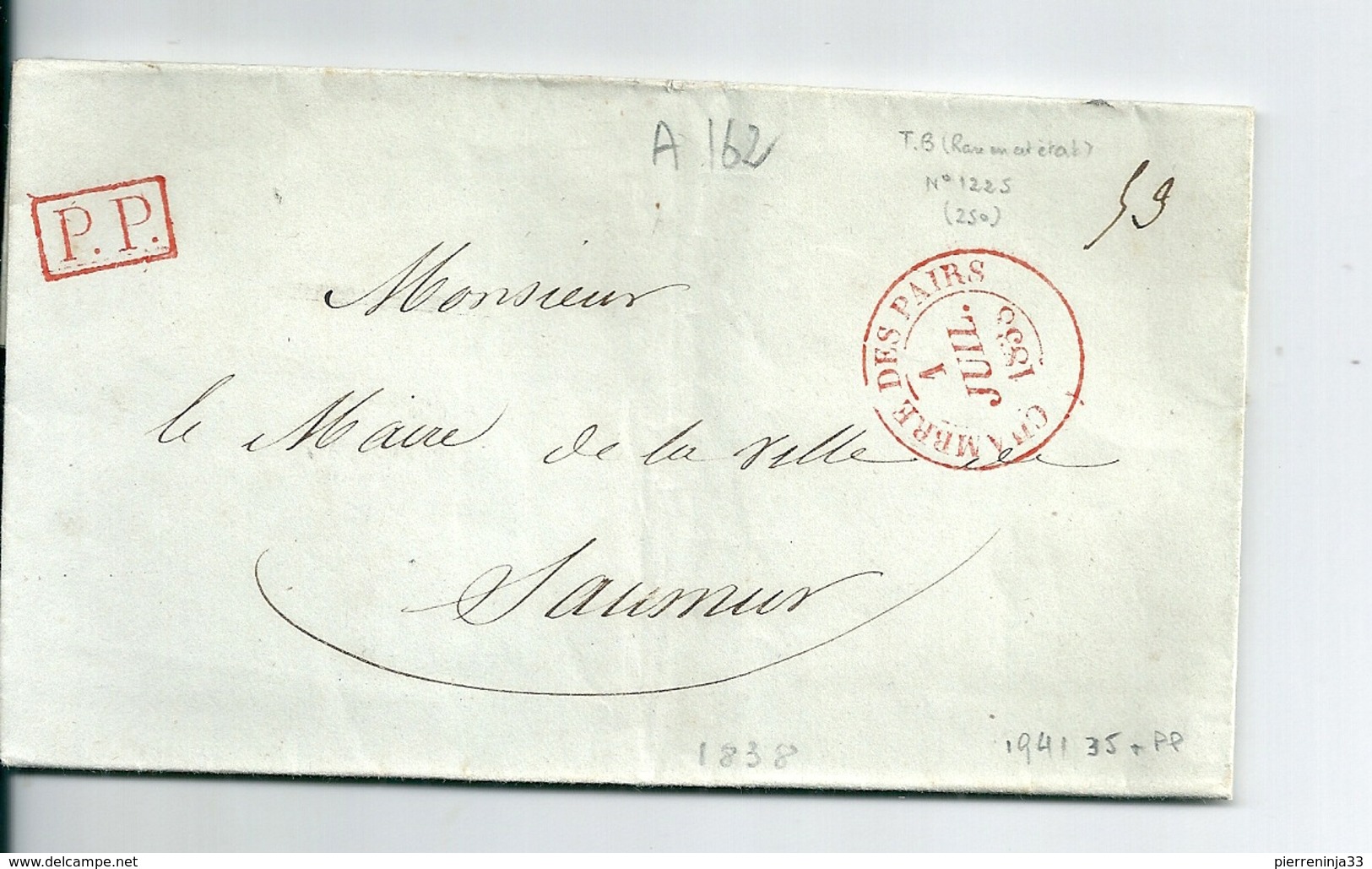 Lettre Paris En "P.P." Rouge + Cachet "Chambre Des Pairs" ,1838 - 1801-1848: Précurseurs XIX