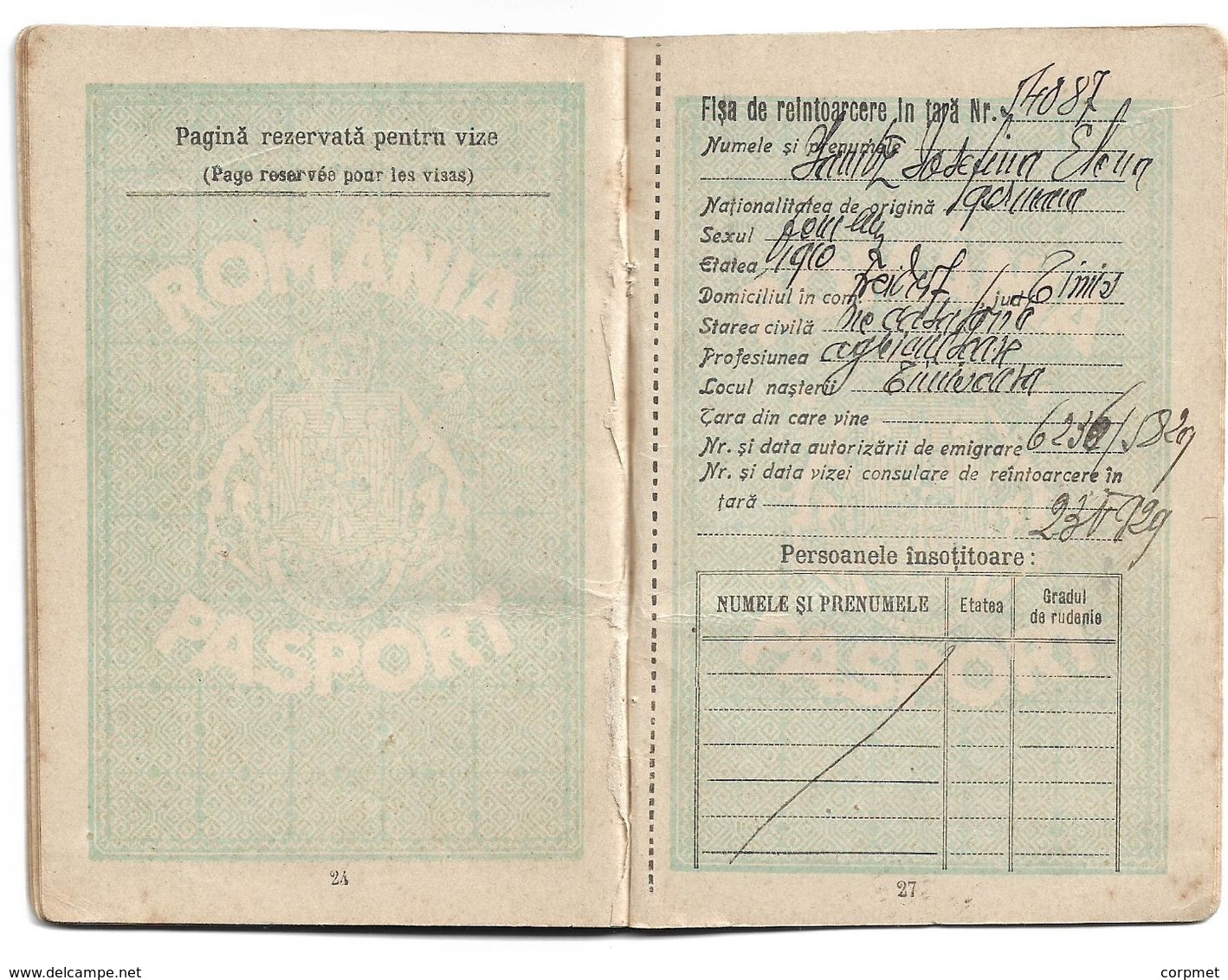 KINGDOM OF ROMANIA 1929 PASSPORT- PASSEPORT to EMIGRATE to URUGUAY - VISAS and STAMPS from GERMANY-HUNGARY-AUSTRIA