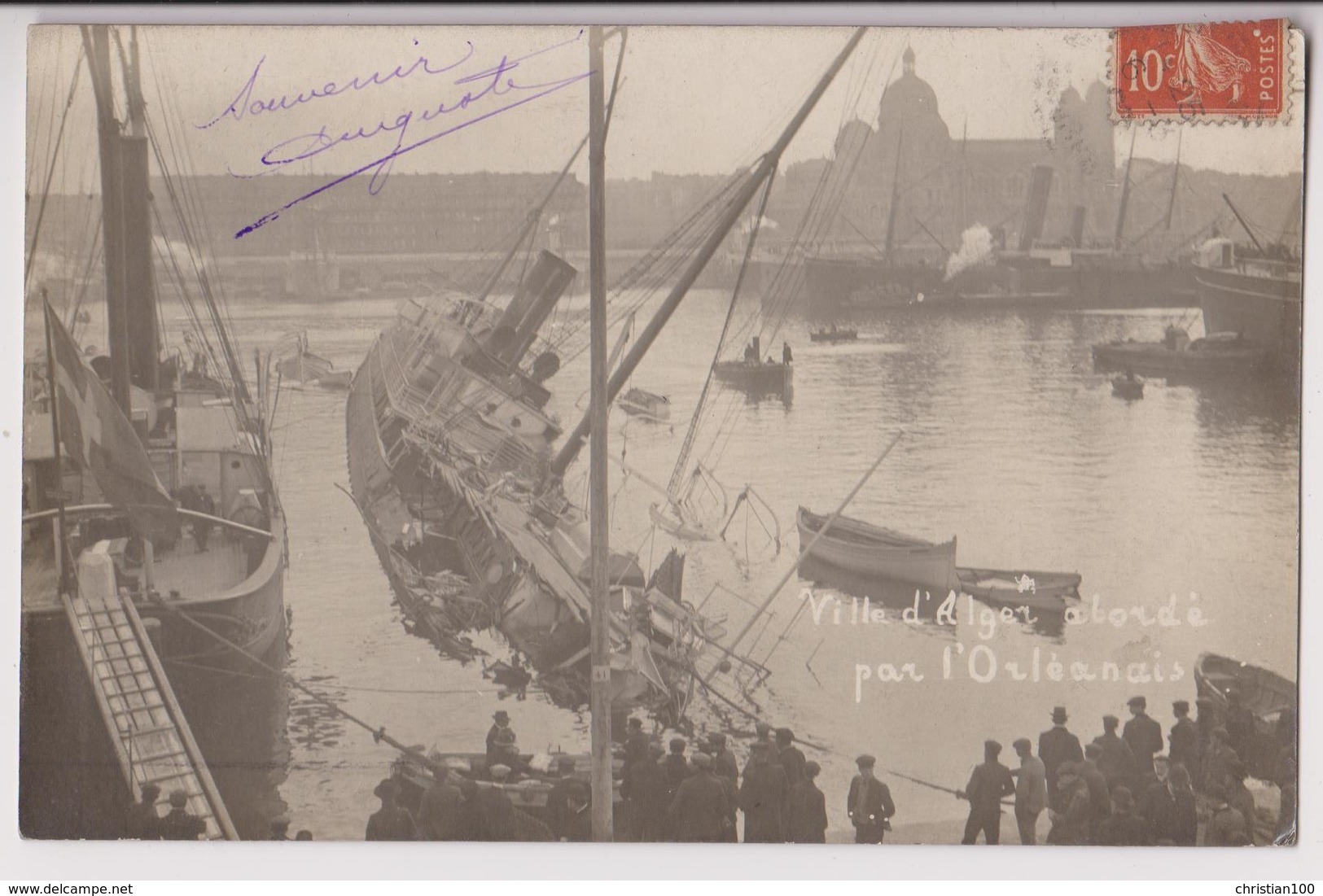 CARTE PHOTO DU PAQUEBOT COURRIER VILLE D'ALGER : COLLISION EN 1909 EN RADE DE MARSEILLE AVEC L'ORLEANAIS - 2 SCANS - - Dampfer