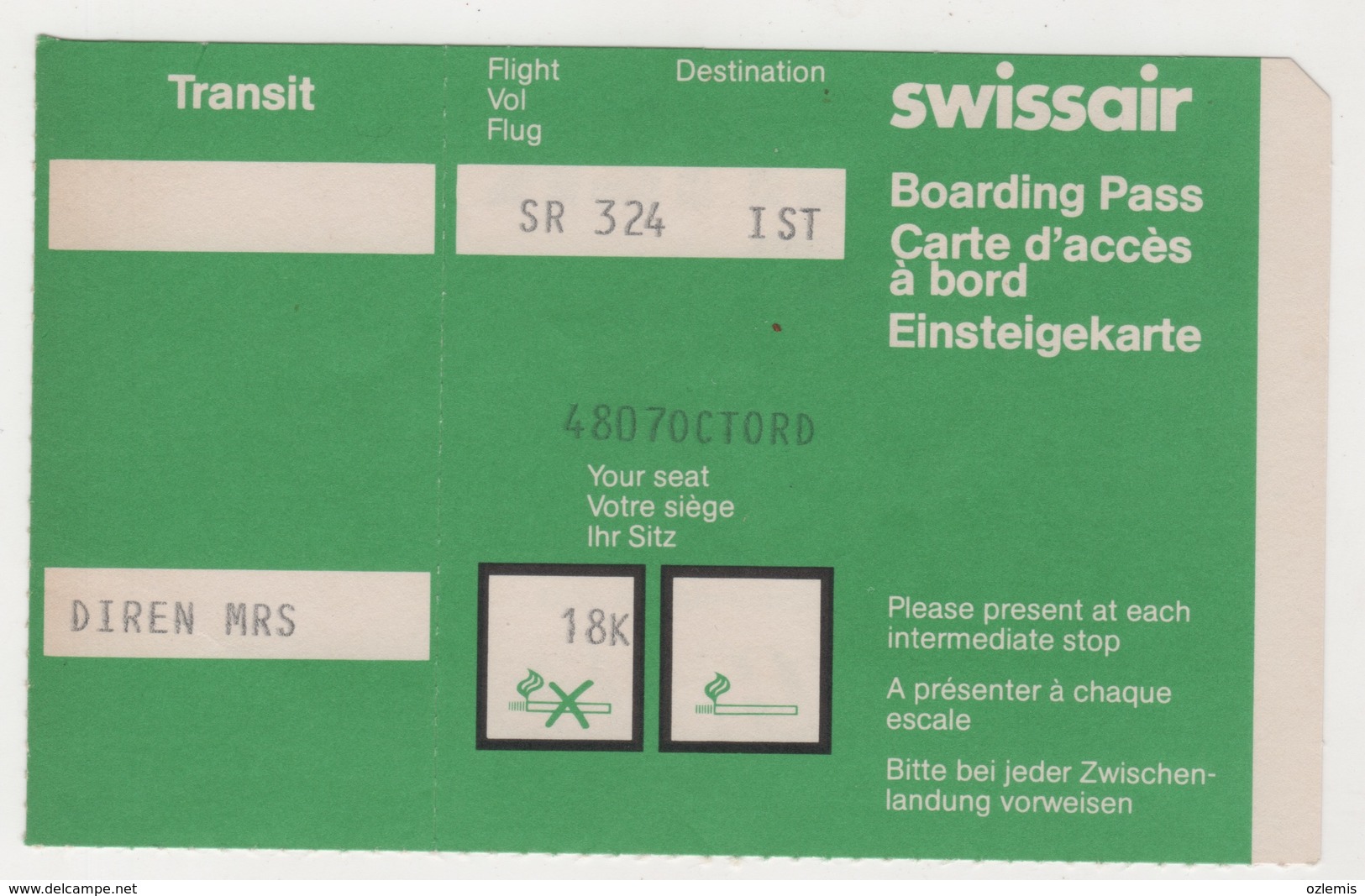 SWISSAIR AIRLINES BOARDING PASS - Biglietti