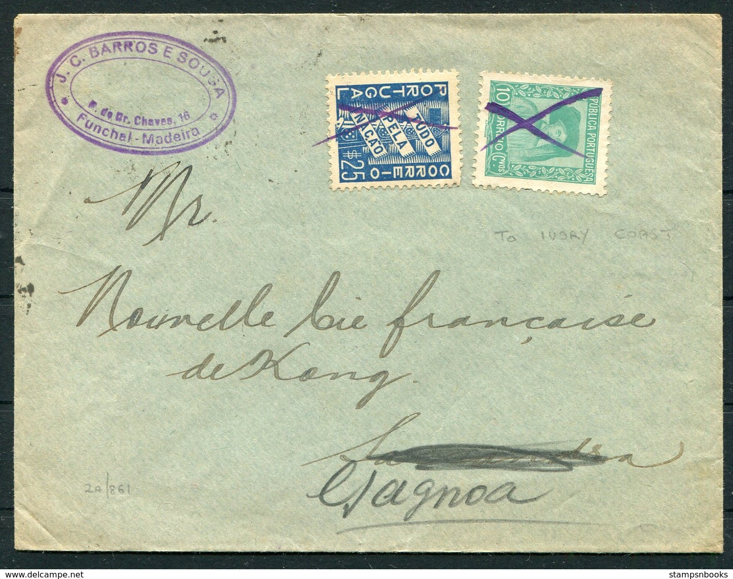 1936 Portugal Madeira Barros E Sousa, Funchal 'invalid' Stamp Cover - Sassandra, Ivory Coast - Covers & Documents