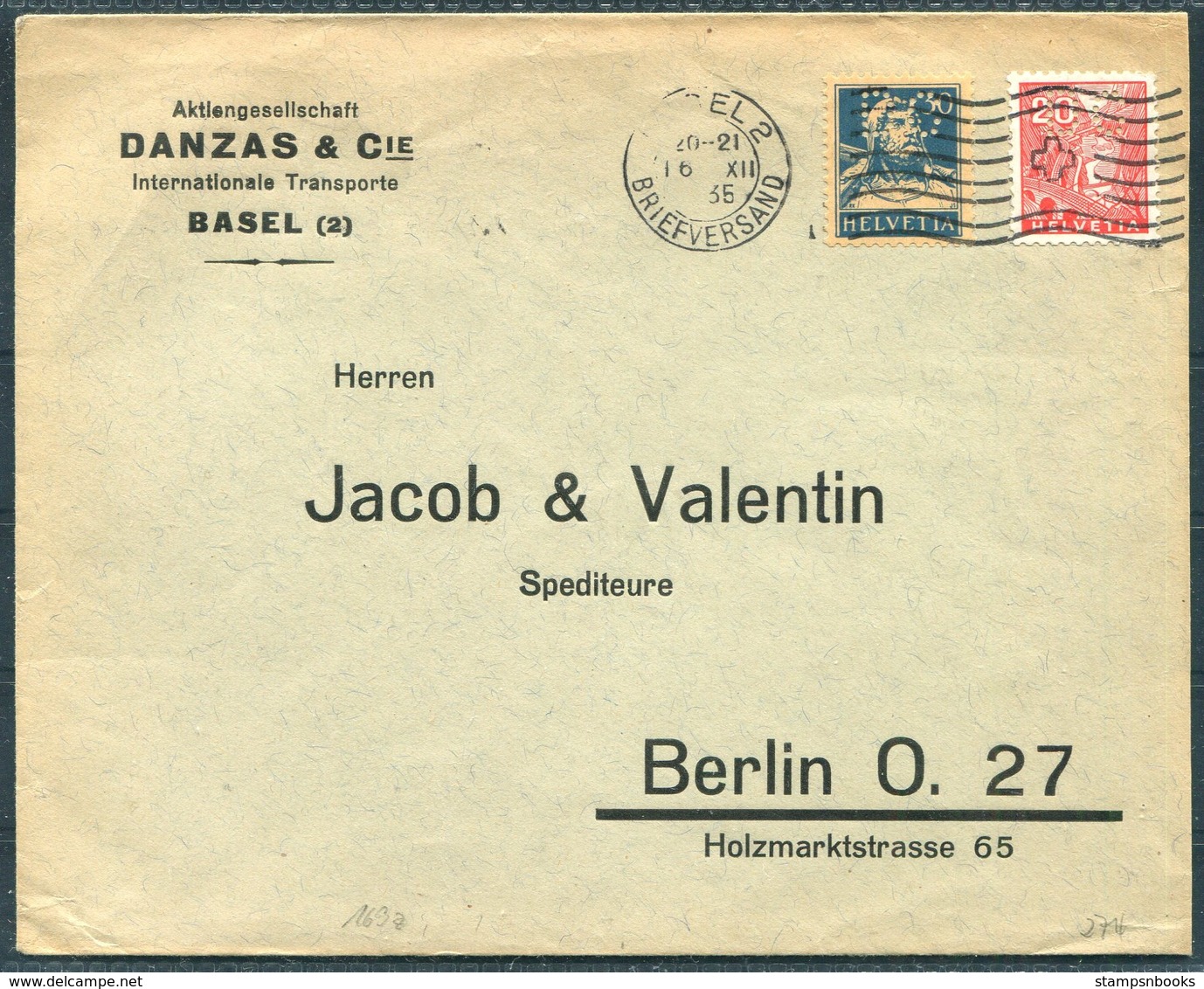 1935 Switzerland Danzas & Co. Basel Perfin Cover - Jacob & Valentin, Berlin Germany - Covers & Documents