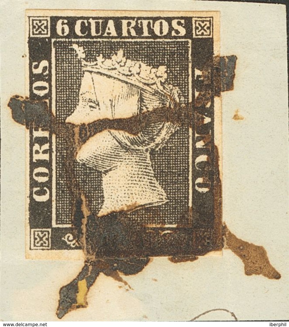 Fragmento 1A. 1850. 6 Cuartos Negro, Sobre Fragmento. Matasello ARAÑA, En Tinta De Escribir. MAGNIFICO. - Autres & Non Classés