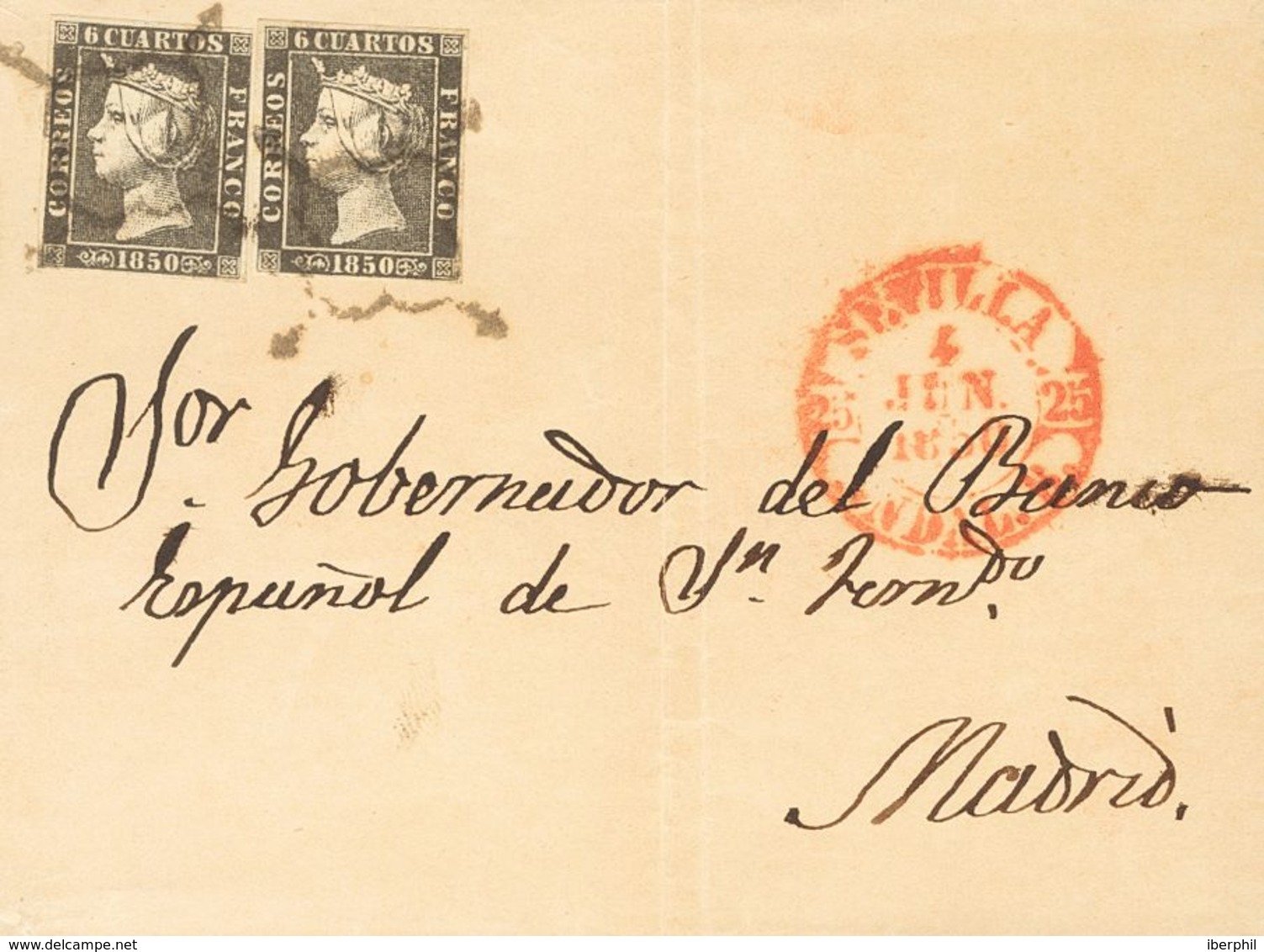 Sobre 1A(2). 1850. 6 Cuartos Negro, Pareja. SEVILLA A MADRID. MAGNIFICA E INUSUAL CARTA DE DOBLE PORTE, MUY ESPECTACULAR - Sonstige & Ohne Zuordnung