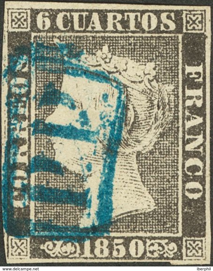 º1. 1850. 6 Cuartos Negro. Matasello P.P., En Azul De Barcelona. MAGNIFICO. - Other & Unclassified