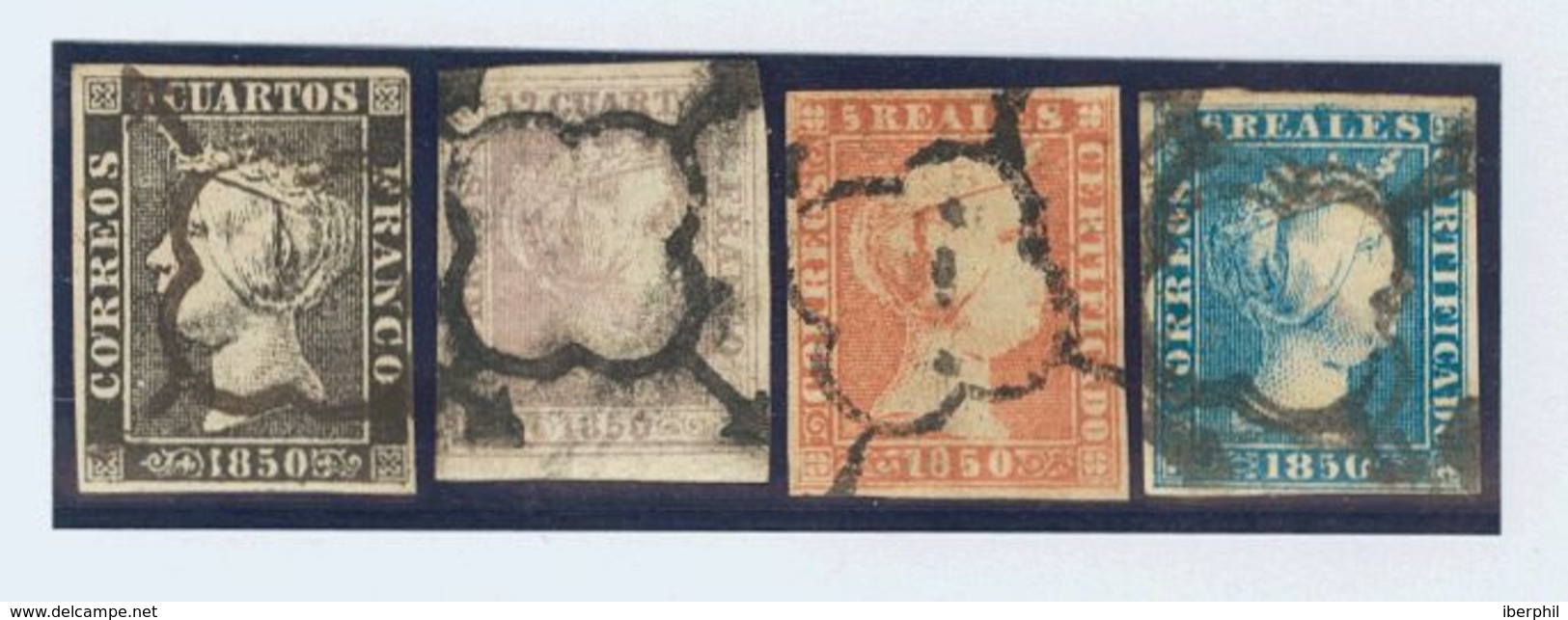 º1/4. 1850. 6 Cuartos Negro (Tipo I), 12 Cuartos Lila, 5 Reales Rojo Y 6 Cuartos Azul. Pequeños Defectos Pero Con Una Mu - Other & Unclassified