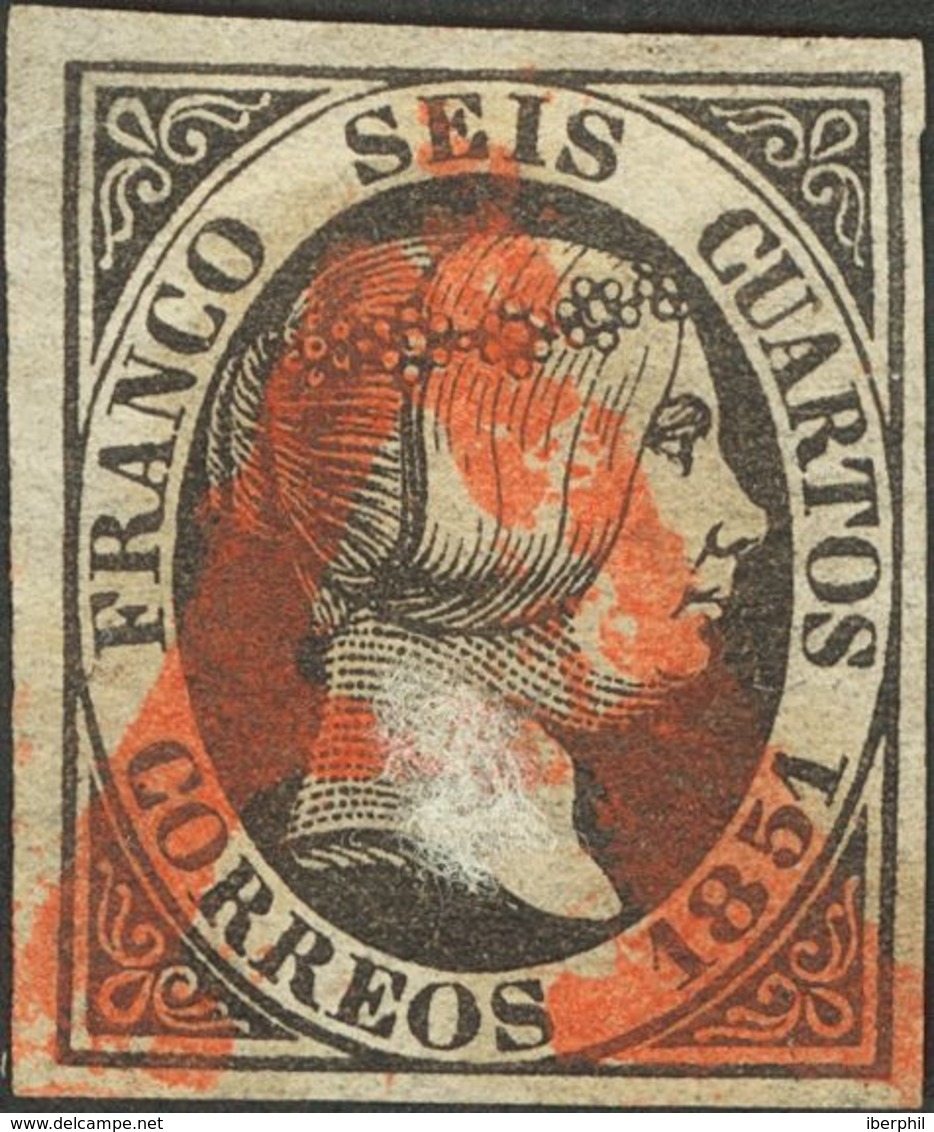 º6. 1851. 6 Cuartos Negro. Matasello Prefilatélico "A", En Rojo De Almería. MAGNIFICA Y RARA. Cert. COMEX. - Otros & Sin Clasificación