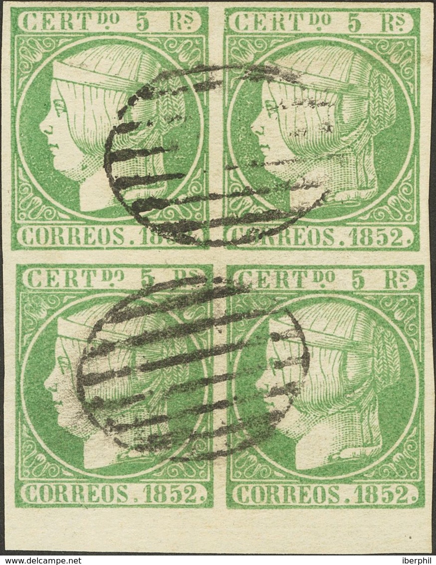 º15(4). 1852. 5 Reales Verde, Bloque De Cuatro Borde De Hoja Inferior. PIEZA DE LUJO. - Otros & Sin Clasificación