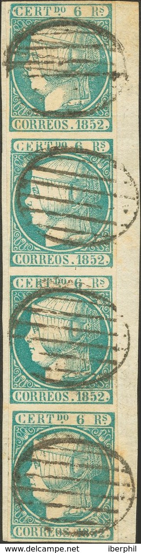 º16(4). 1852. 6 Reales Azul Verdoso, Tira De Cuatro Sobre Fragmento. Matasello PARRILLA, Muy Limpio. MAGNIFICA Y RARISIM - Other & Unclassified