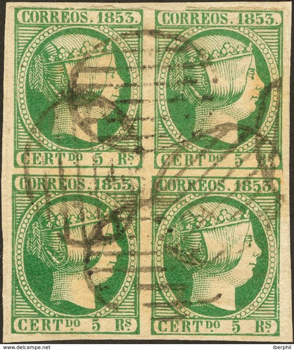 Fragmento 20(4). 1853. 5 Reales Verde, Bloque De Cuatro, Sobre Fragmento. Margen Superior Justo. BONITO. - Sonstige & Ohne Zuordnung
