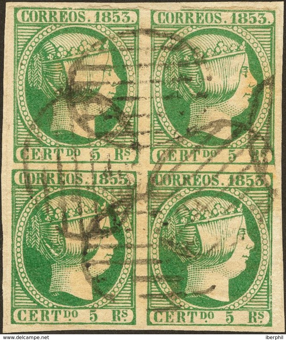 Fragmento 20(4). 1853. 5 Reales Verde, Bloque De Cuatro, Sobre Fragmento. Margen Superior Justo. BONITO. - Otros & Sin Clasificación