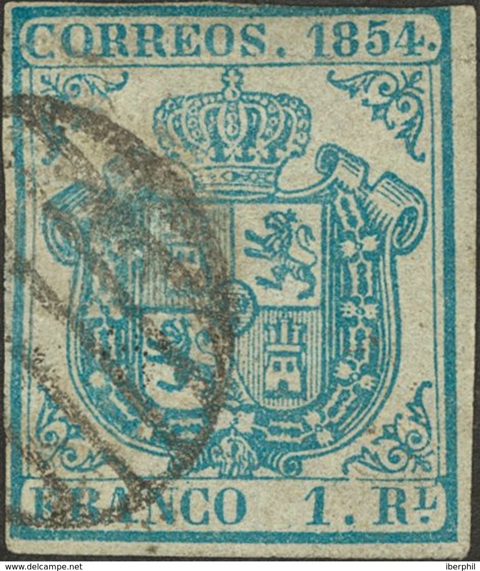 º34A. 1854. 1 Real Azul Claro (pequeña Reparación). MAGNIFICO Y MUY RARO. Cert. CEM. - Other & Unclassified