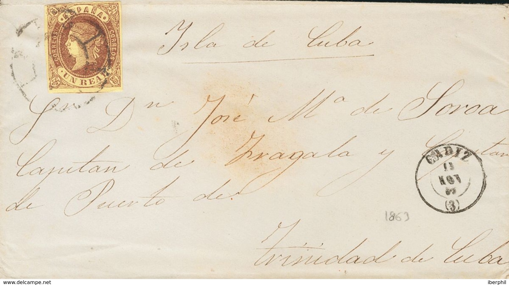 Sobre 61. 1862. 1 Real Castaño. CADIZ A TRINIDAD (CUBA). Matasello R.CARRETA Nº3. MAGNIFICA. - Other & Unclassified