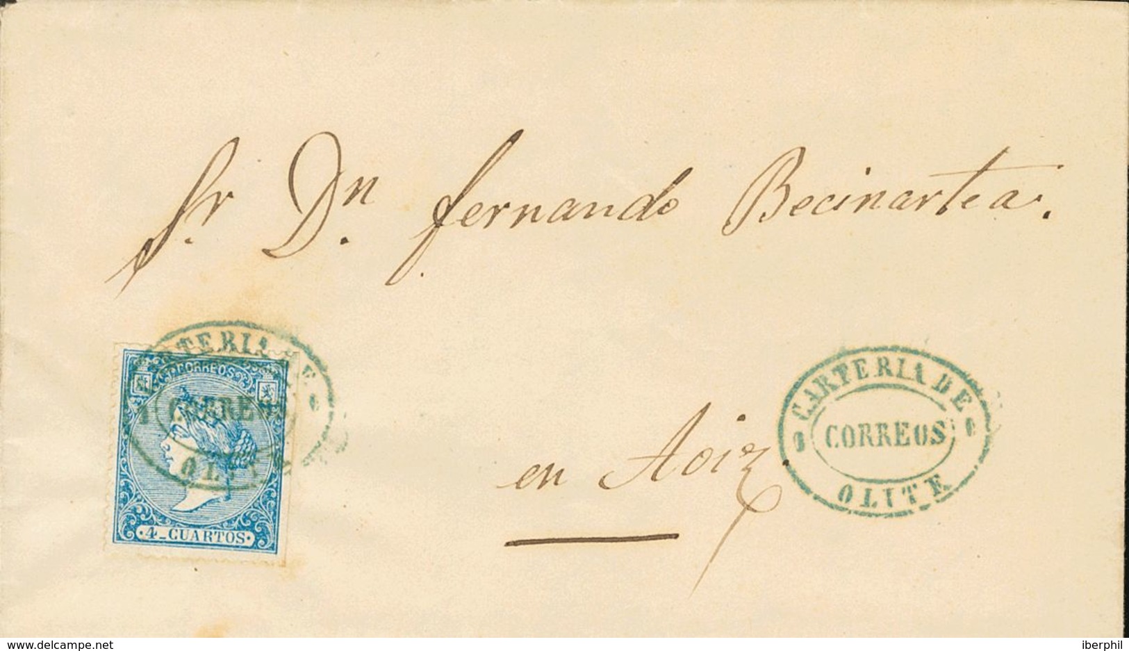 Sobre 81. 1866. 4 Cuartos Azul. OLITE (NAVARRA) A AOIZ. Matasello Especial Ovalada CARTERIA DE / OLITE, En Azul. MAGNIFI - Sonstige & Ohne Zuordnung